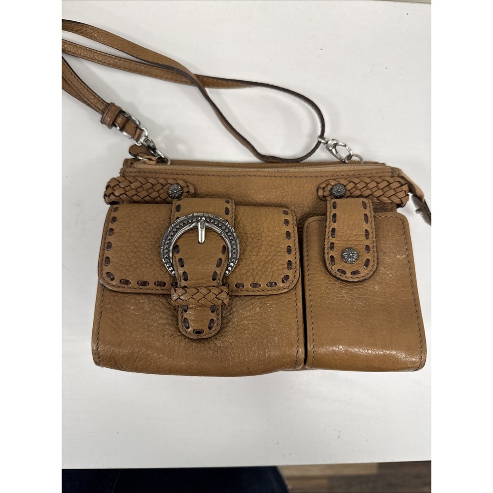 BRIGHTON Organizer Crossbody Purse Camel Color Pebble Leather